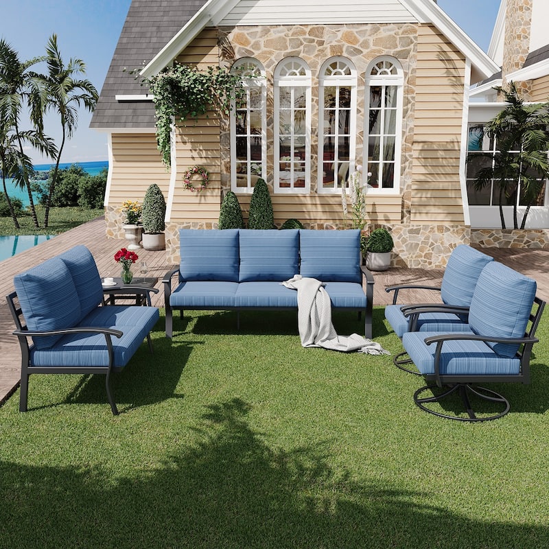 EROMMY Patio Set: 360° Swivel Rockers, Sofa, Ottomans & Table – Outdoor Conversation Set for Poolside, Garden & Deck - 5 PCS - Sofa & Swivel Rocking Chair - Blue