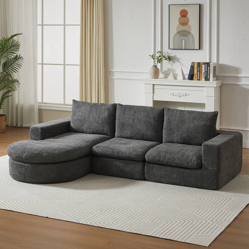 Curved Sectional Sofa with L-Shape Chaise, Chenille Upholstered Boneless Cloud Sofa, Modular 4 Seat Corner Sofa with Cushions