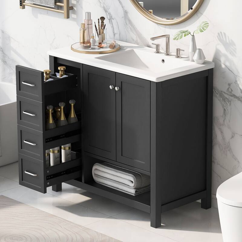 36" Freestanding Bathroom Vanity with Ceramic Sink, 2 Doors and 2 Drawers, Modern Grey Finish,8" Faucet Mount