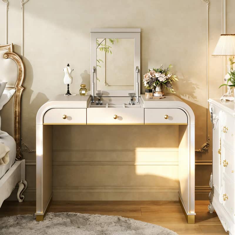 Roomfitters Flip Top Vanity Desk with Mirror and Hidden Storage, Modern Makeup Table with Gold Trim for Small Space - Champagne