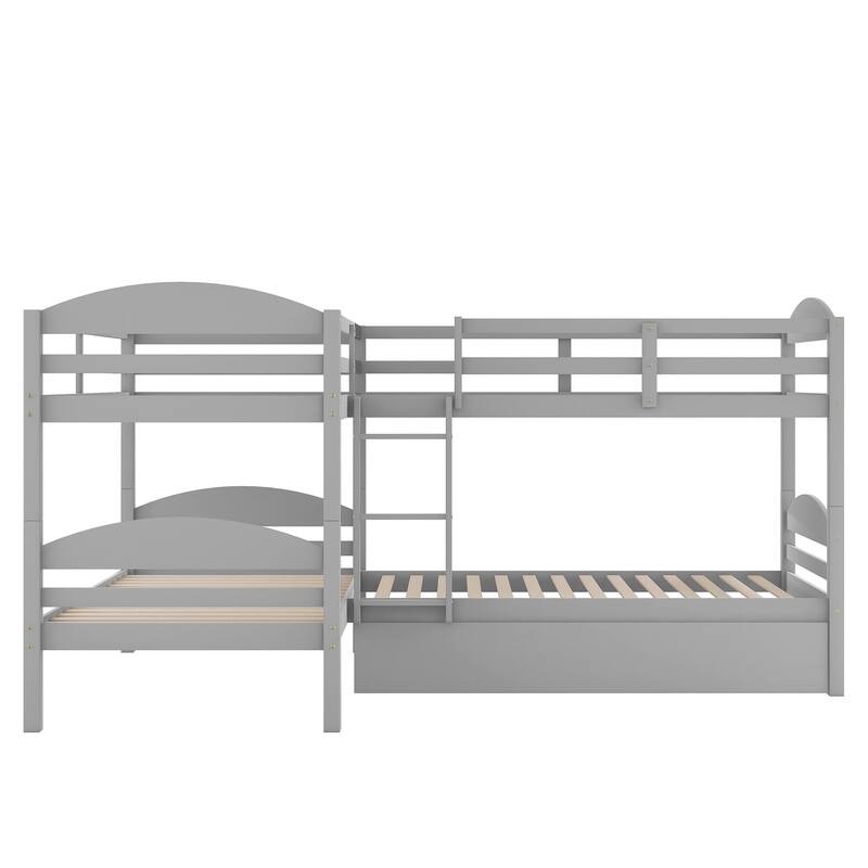 LShaped Twin Bunk Bed with Trundle, Ladders, and Safety Barriers for