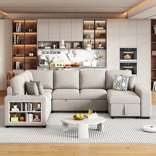 Modern U Shaped Sectional Sofa with Pull Out Bed and Storage Shelves and USB Ports for Living Room or Reception Room