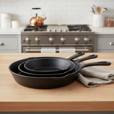 HomeRoots Set of Three Black Cast Iron Frying Pans - 14.00 in. x 2.00 in. x 10.00 in.