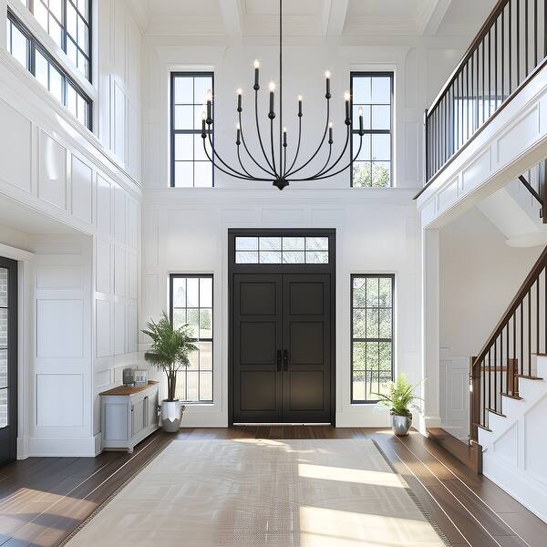 slide 2 of 15, LALUZ Modern Transitional 2-Tier 12-Light Black Wheel Chandelier for Large Living Dining Room Entryway - Dia. 48.8" x H 31.5"