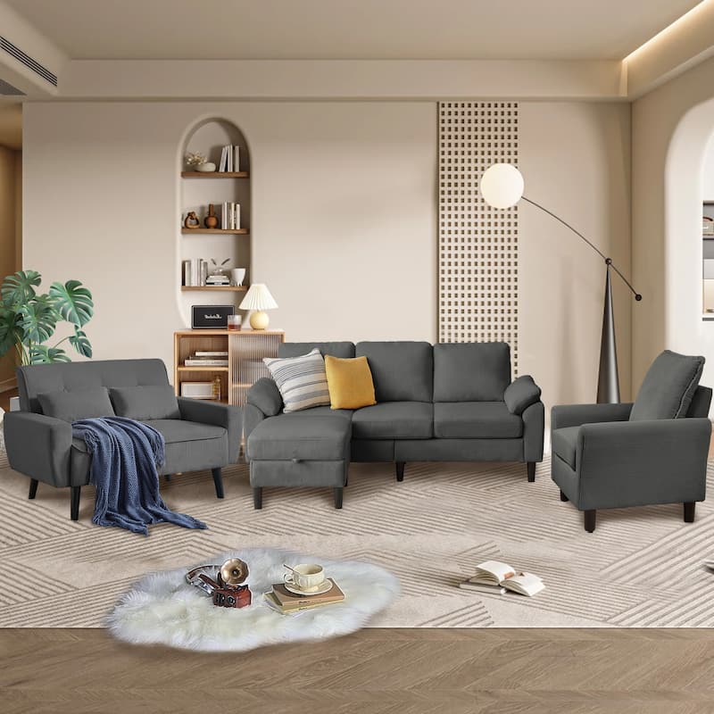 4-Piece Corduroy Living Room Sectional Sofa Set with Loveseat and Chair - Dark Grey