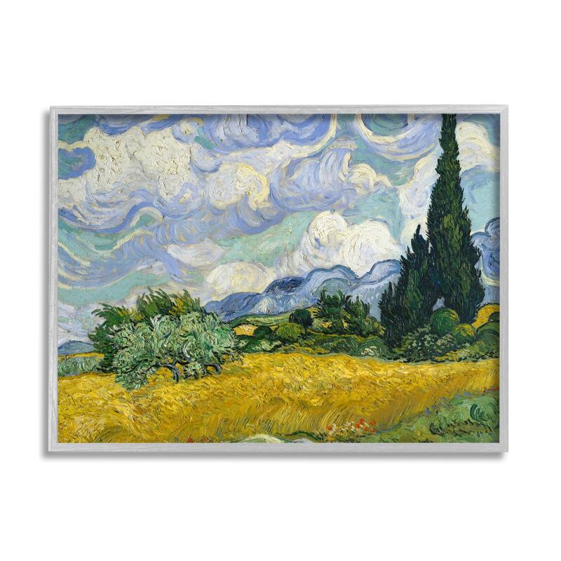 Stupell Wheat Field with Cypresses Post Impressionist Painting Framed Giclee Texturized Art by Vincent Van Gogh - 24 x 30 - Grey