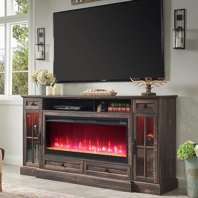 70" Farmhouse Fireplace TV Stand, Entertainment Center, Console Table - Dark Rustic Oak