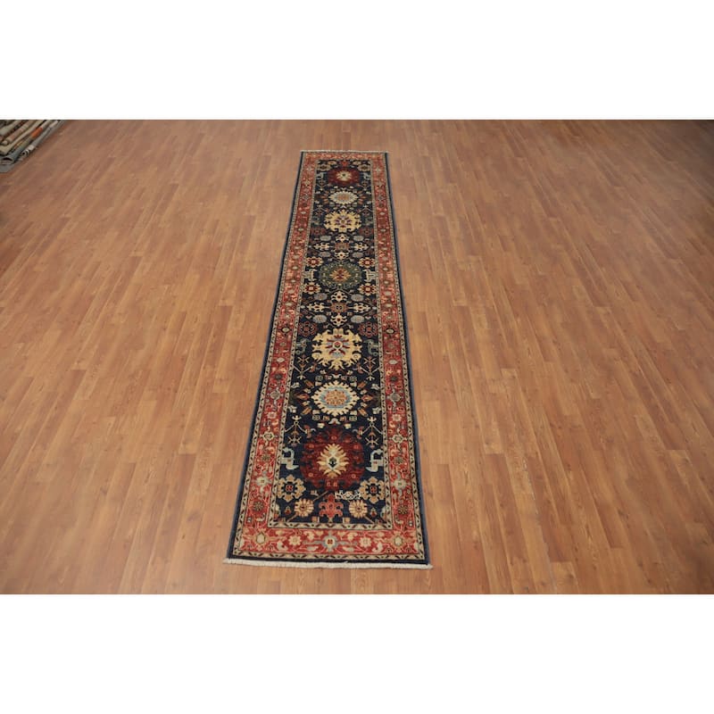 Hand Knotted Oriental 100% Wool Carpet Traditional All-Over Navy Blue & Blues Ziegler Runner Rug - 11' 7'' X 2' 5''