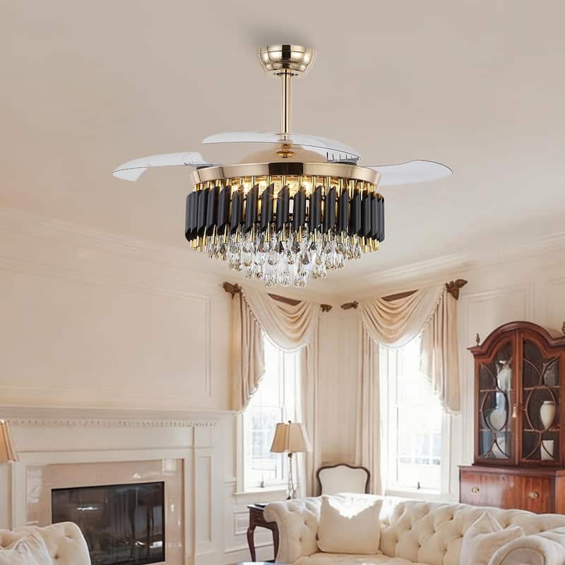 48" Crystal Fandelier Ceiling Fan with Light and Retractable Blades LED Dimmable for Bedroom Living Room - 48 Inches