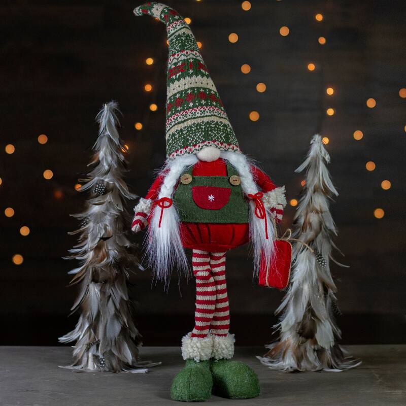28" Red and Green Fair Isle Standing Gnome Girl Christmas Figure