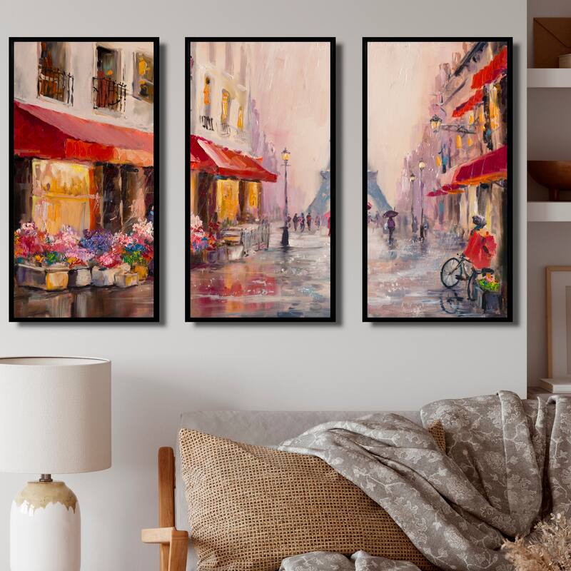 Designart "Lovers in Paris Eiffel Tower " Cityscape Framed Art Set of 3 - 4 Colors of Frames - 36 in. wide x 28 in. high - 3 Panels - Black