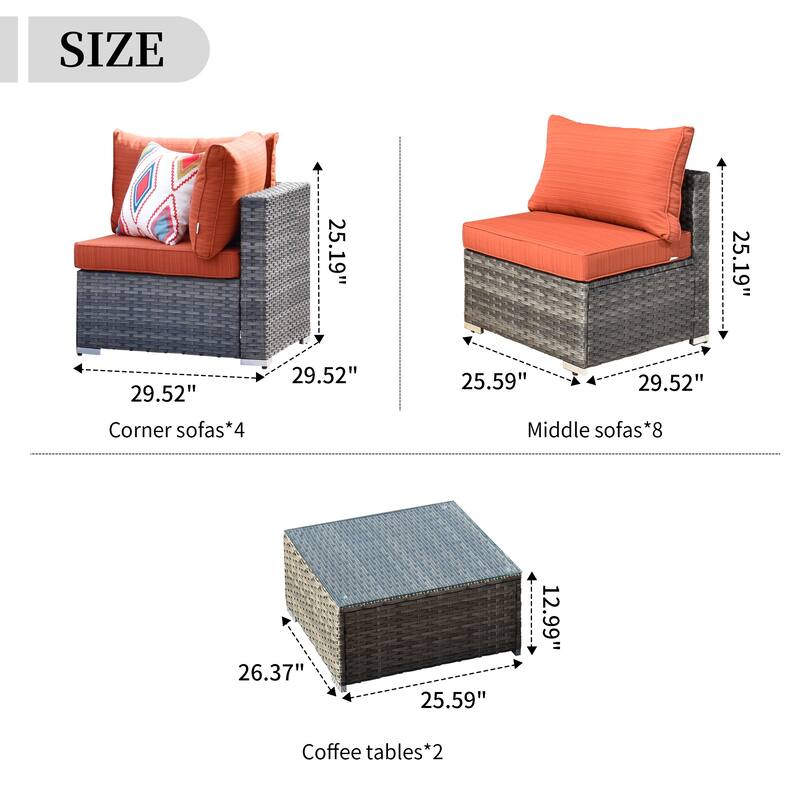 OVIOS 14-piece Deep Seat Wicker Conversation Sectional Set with Glass-top Table