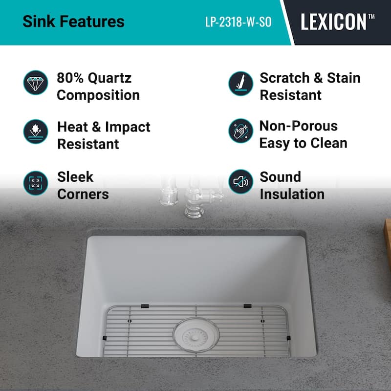 23 Inch Lexicon Platinum Quartz Composite Drop-in Undermount Single Bowl Galaxy White Kitchen Sink LP-2318-W-SO