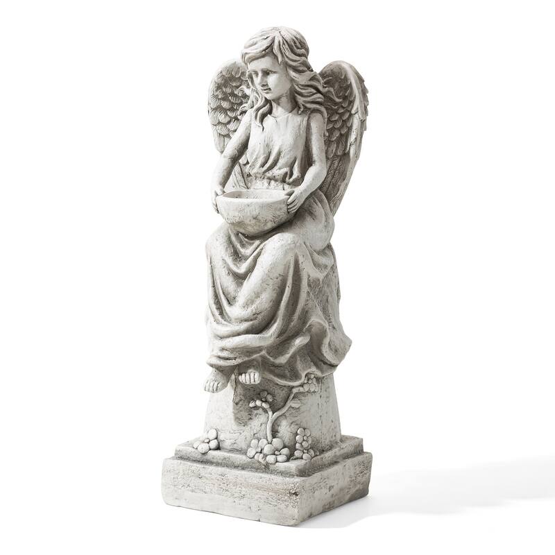 Glitzhome Vintage MgO Angel Distressed Garden Statue Sculpture with a Birdfeeder