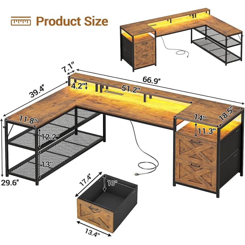 67" L Gaming Shaped Desk Storage Shelves Power Outlet 2 Drawers