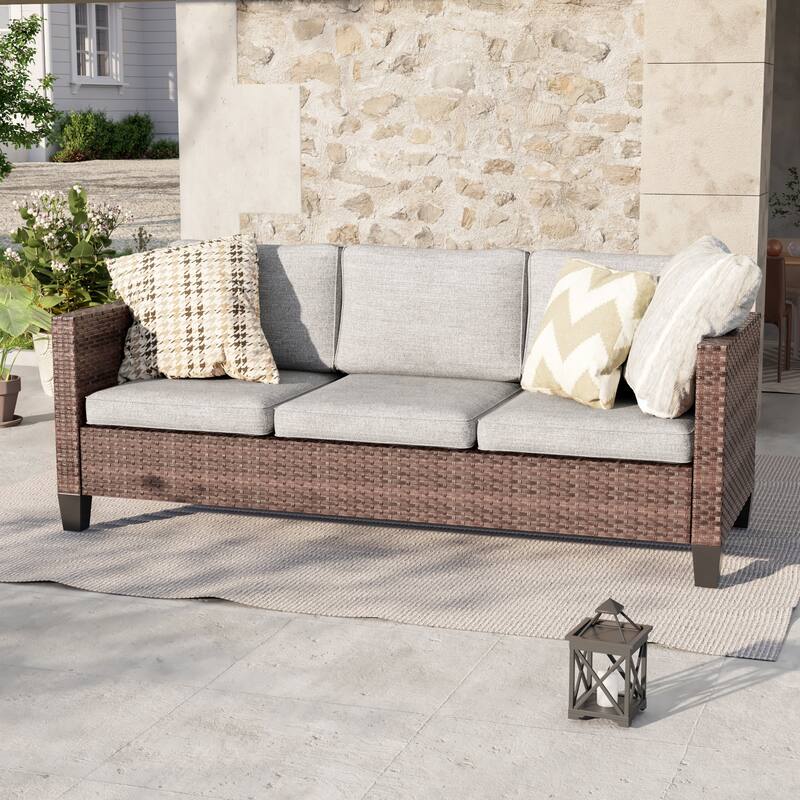 Livoosun Patio Outdoor Couch,3-Seater Furniture with Removable Cushion - Brown/Light Grey