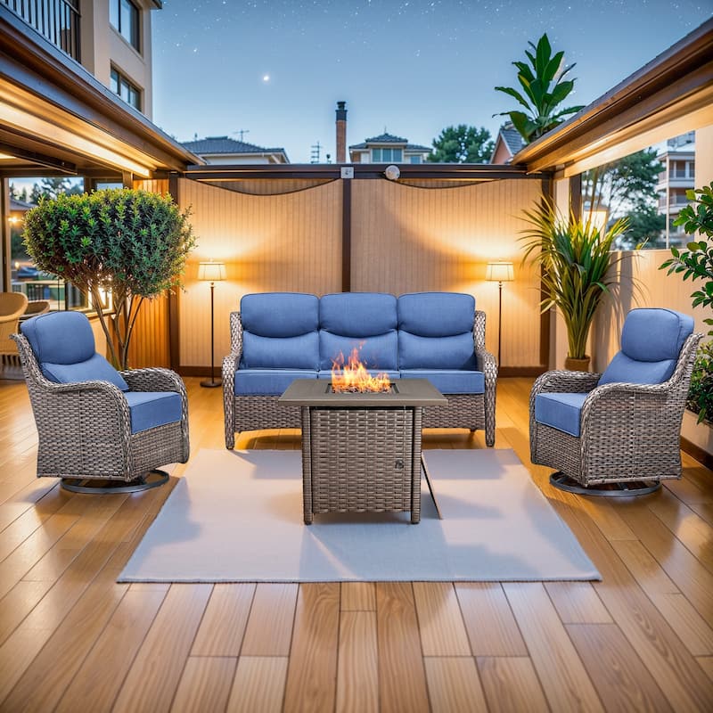 Pocassy Outdoor 6" Sofa Swivel Chair with Fire Pit Table - 4 Pieces Sofa Chair with Fire Table - Brown Wicker Blue Cushion