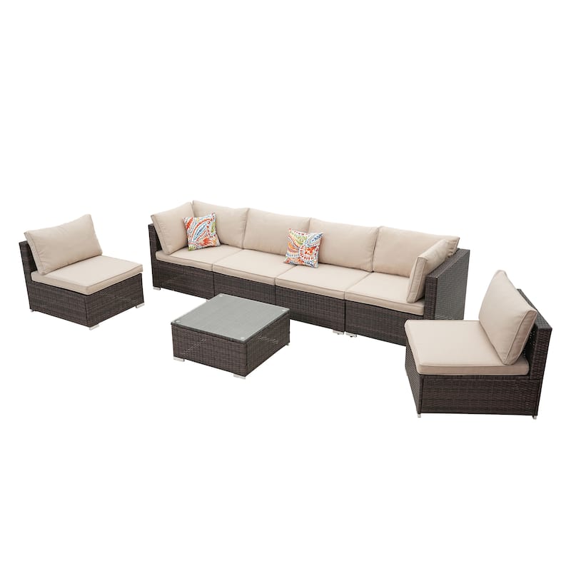 7-Piece Woven Rattan Sofa Set with Cushions and Coffee Table - Beige