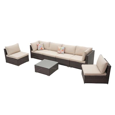 7-Piece Woven Rattan Sofa Set with Cushions and Coffee Table