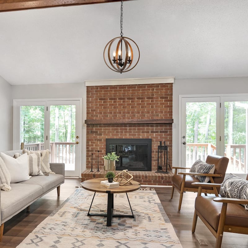 Farmhouse 3-Light Wood Grain Globe Chandelier Pendant for Kitchen Island Foyer - W 15.5 "x H 18 "