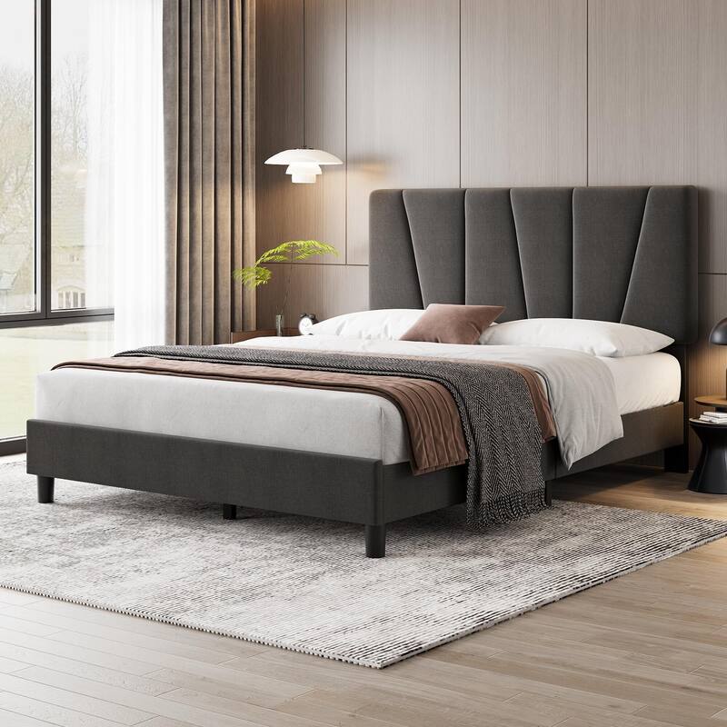 Linen Upholstered Platform Bed Frame with Strong Wooden Slats