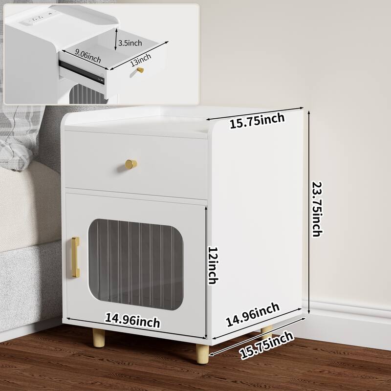 White Wooden Nightstand End Table w Drawer and Glass Door for Bedroom