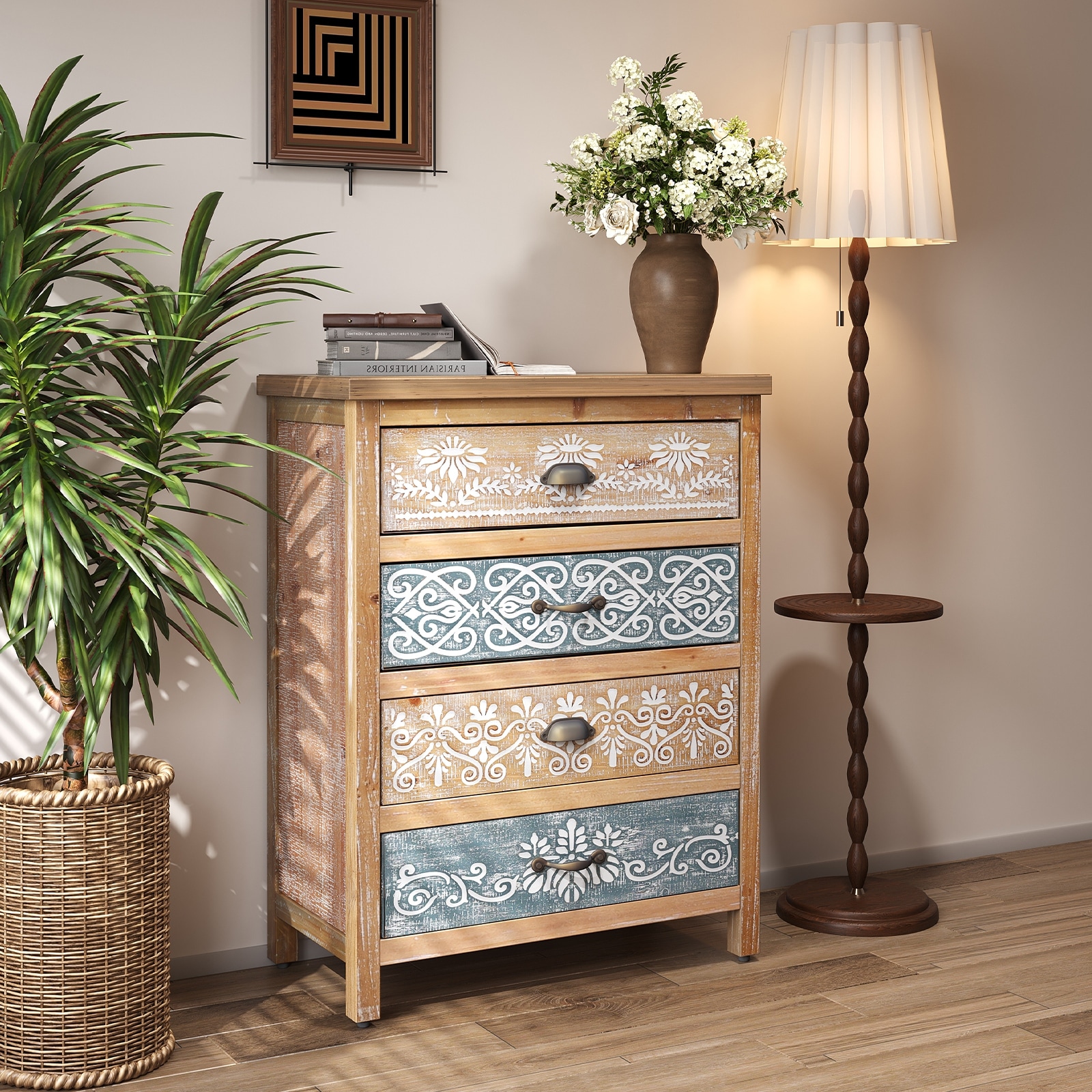 Vintage 4-Drawer Dresser – Distressed Wood & Ornate Design, Rustic Storage for Bedroom or Living Room‌.