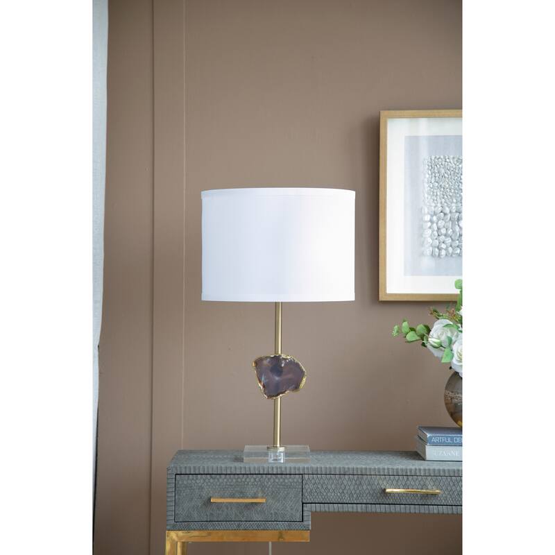 D14x25.2" Gold Table Lamp with Agate Slice and White Drum Shade