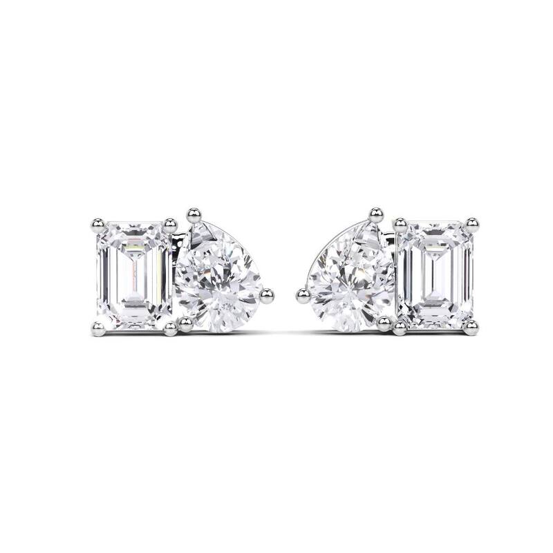 Auriya 14k Gold Emerald-cut and Pear-shaped Lab Grown Toi Et Moi Diamond Stud Earrings 4.00 ct. tw. Push-Back (F-G VS) - White - White - 4.00ct. tw.