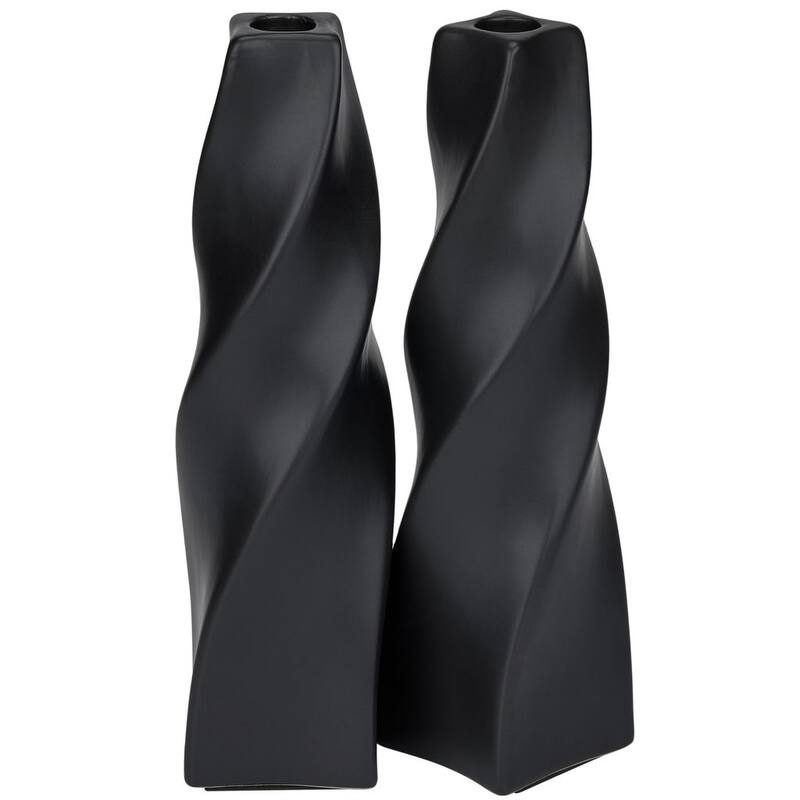 Set of Two Tall Curvy Taper Candlesticks in Matte Black