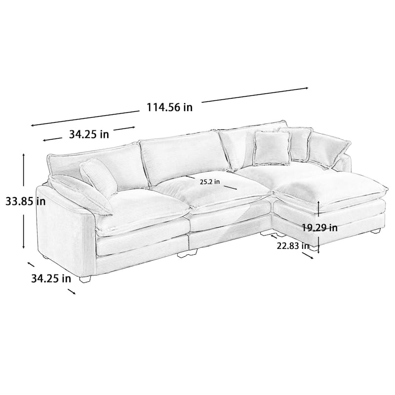 Beige 115" Corduroy Modular L-Shaped Sectional Sofa with Ottoman
