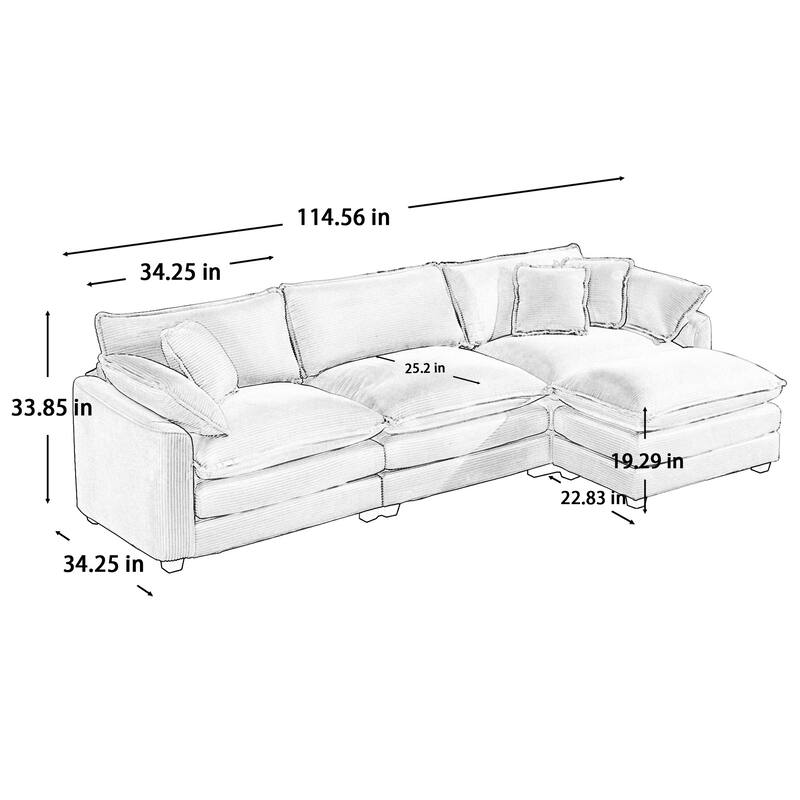 L-shaped Chaise Sectional Sofa with Ottoman and Double Cushions