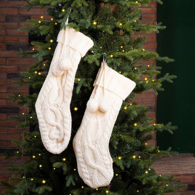 Glitzhome Set of 2 Knitted Christmas Stocking White or Red with Pom Pom Ball
