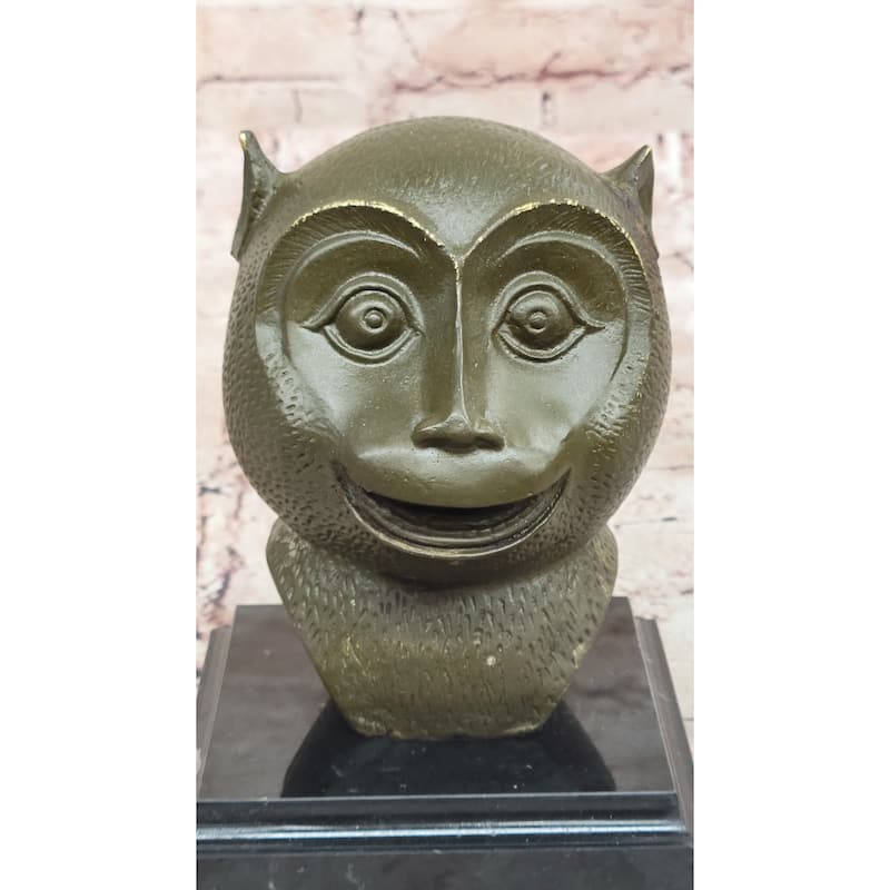 Abstract Bronze Primate Sculpture – Smiling Monkey Bust On Marble Base