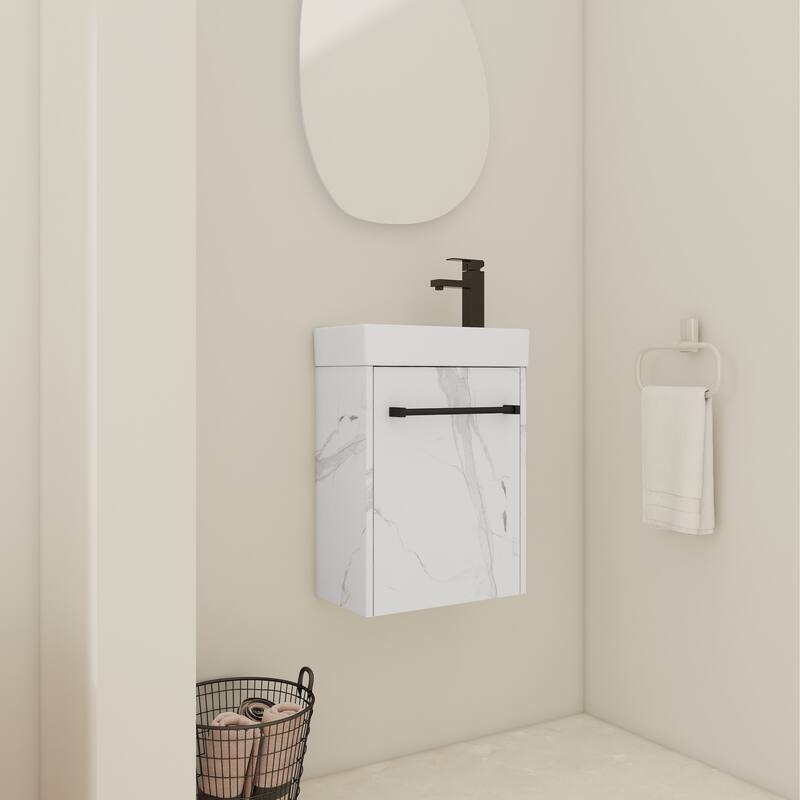16" Wall-Mounted Bathroom Vanity with Carrara White Ceramic Sink, Soft-Close Doors, and Ample Storage