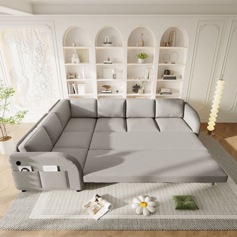115.2" L-Shaped Teddy Sectional Sofa with Pull-Out Bed