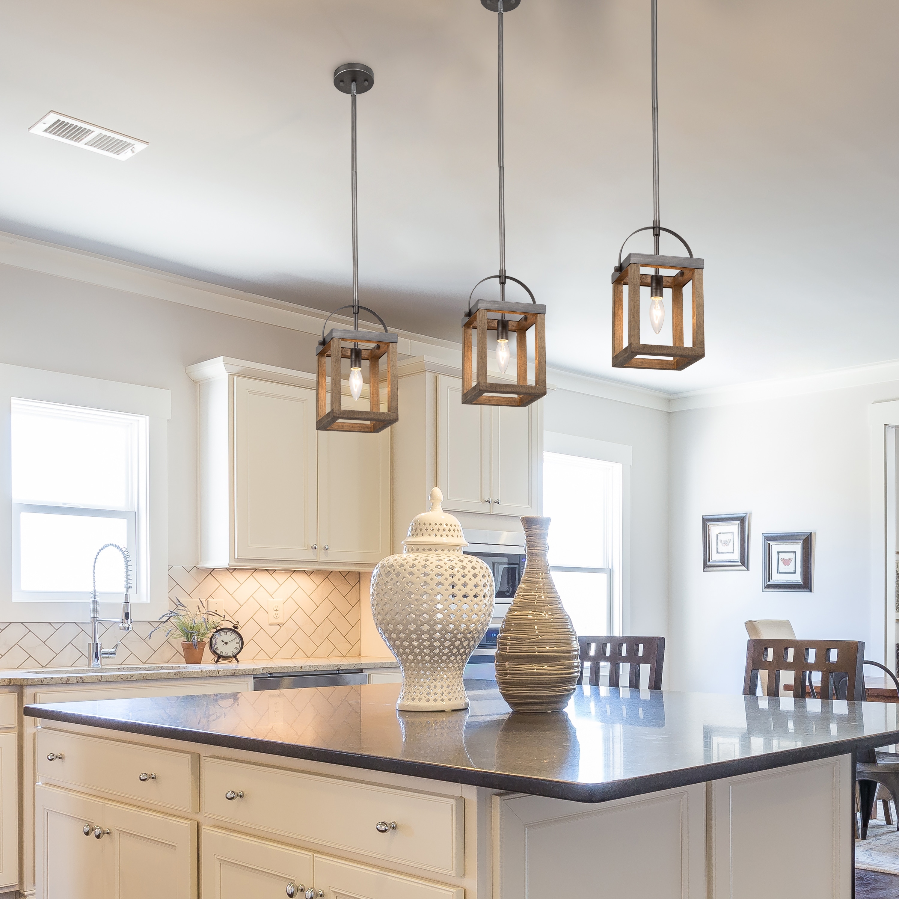 Farmhouse Industrial 1-Light Lantern Wood Pendant for Kitchen Island -  L6.5