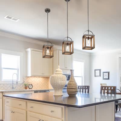 Farmhouse Industrial 1-Light Lantern Wood Pendant for Kitchen Island - L6.5"x W6"x H12"