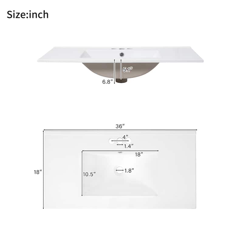 Anmytek 36 Inch Modern Bathroom Vanity with Ceramic Sink Soft Closing Door Adjustable Shelf and 3 Drawers