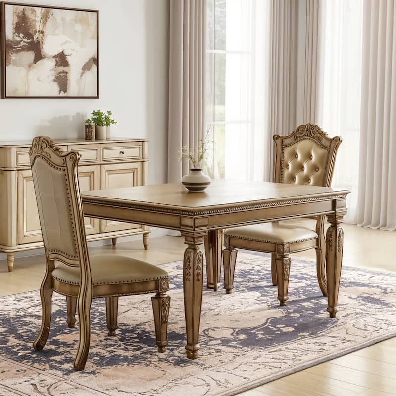 HomeRoots Set of Two Tufted Bone and Brass Upholstered Faux Leather And Wood Dining Side Chairs - Set of 2 - 23.00 in. x 48.00 in.  x 27.00 in. - Bone