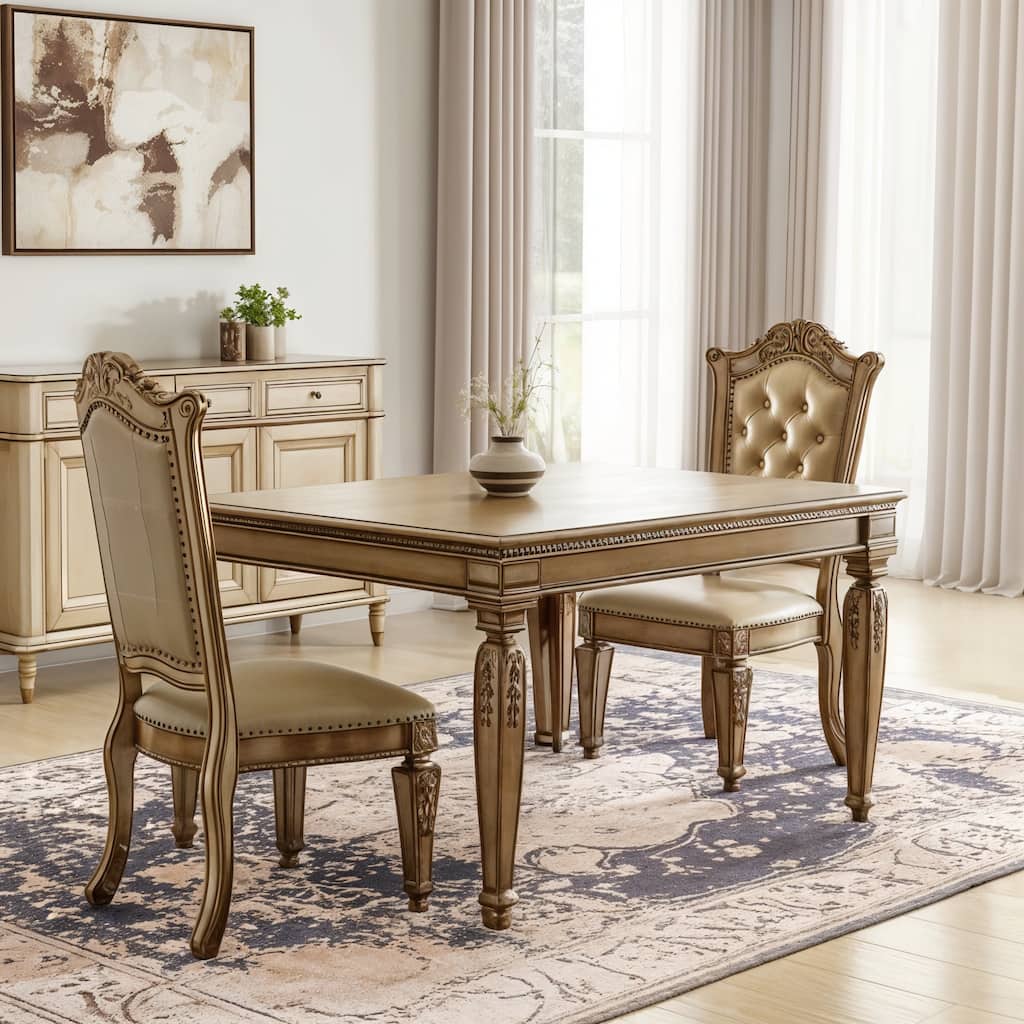 HomeRoots Set of Two Tufted Bone and Brass Upholstered Faux Leather And Wood Dining Side Chairs