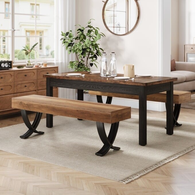 55-Inch Dining Room Bench, Wood Kitchen Bench with Metal Legs - 2PCS