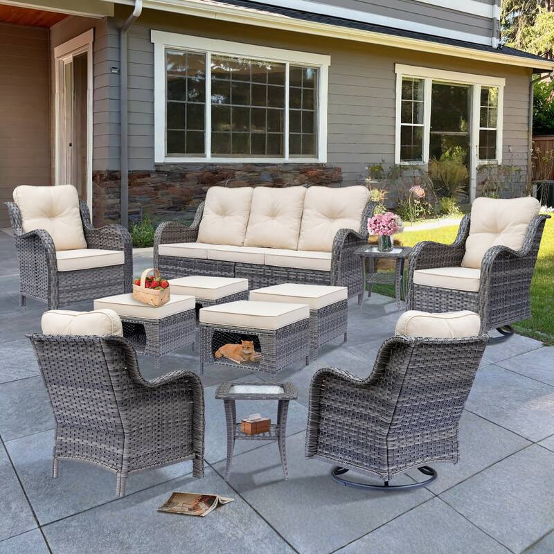 Outdoor Patio Furniture-Gray Wicker Outdoor Swivel Rocker Chairs Set - 11 Seats - Beige Cushion/Gray Wicker