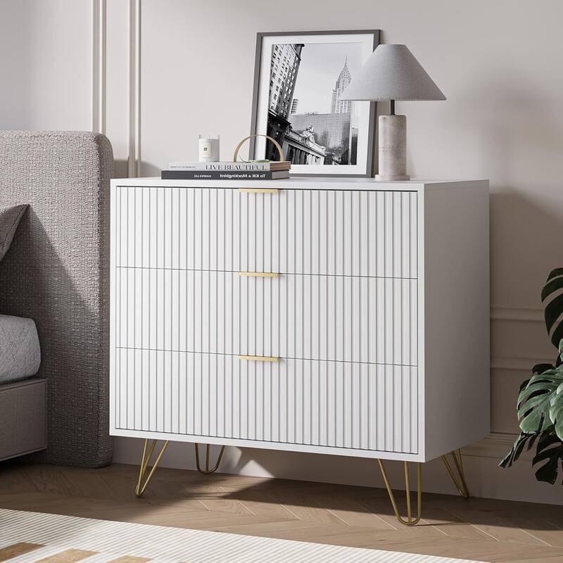 FURNIWAY Fluted Drawer Dresser for Bedroom - White - 3-drawer
