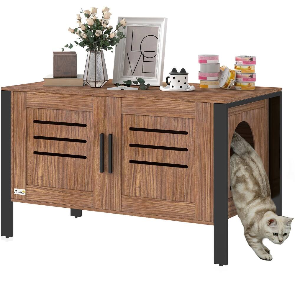 PawHut Cat Litter Box Enclosure with Tall Legs, Hidden Litter Box Furniture Cabinet, Modern Cat House Washroom Side Table