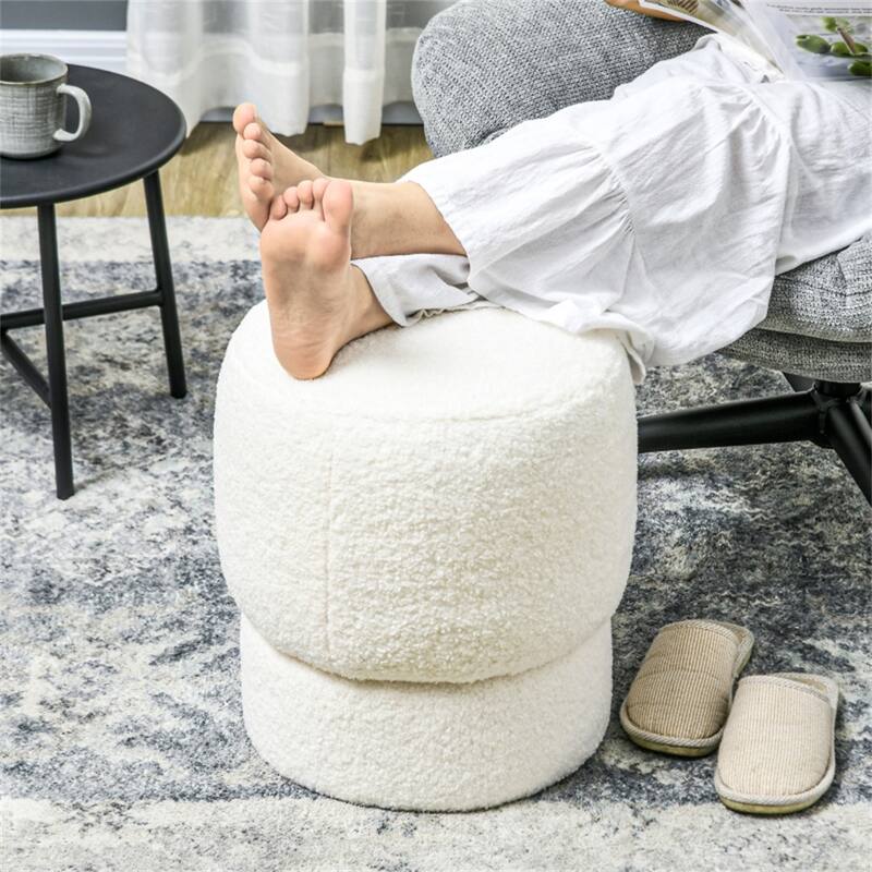 15.7" Cream White Round Footstool with Thick Foam Padding and Soft Teddy Fleece Cover
