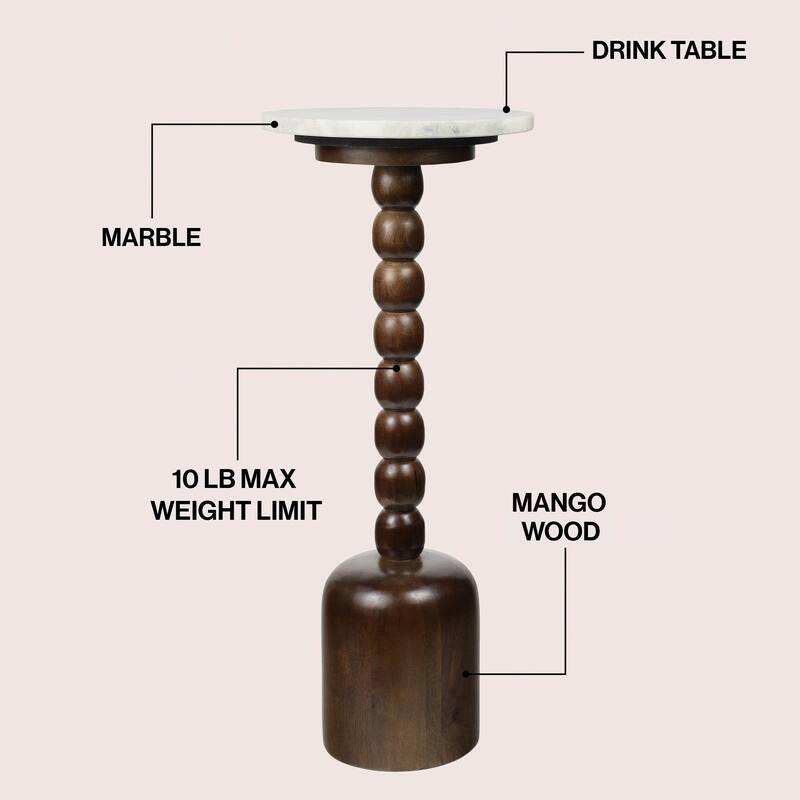 Turner 24.5" Designer Cottage Spindle Wood Drink & End Table, White Marble Top, By JONATHAN Y