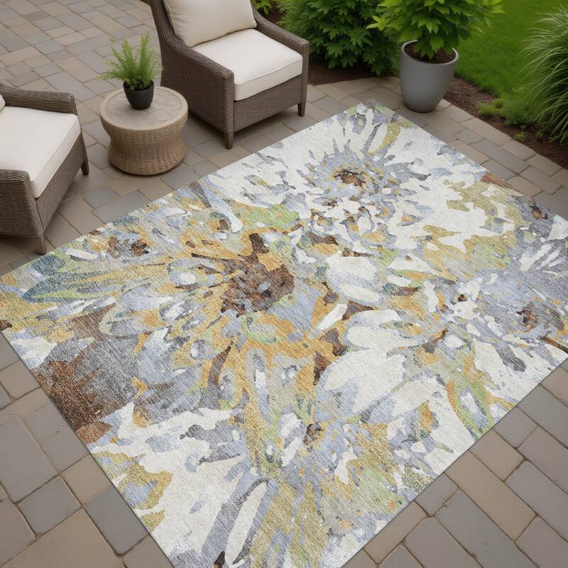 Machine Washable Indoor/ Outdoor Abstract Floral Chantille Rug - Wheat - 9' x 12'