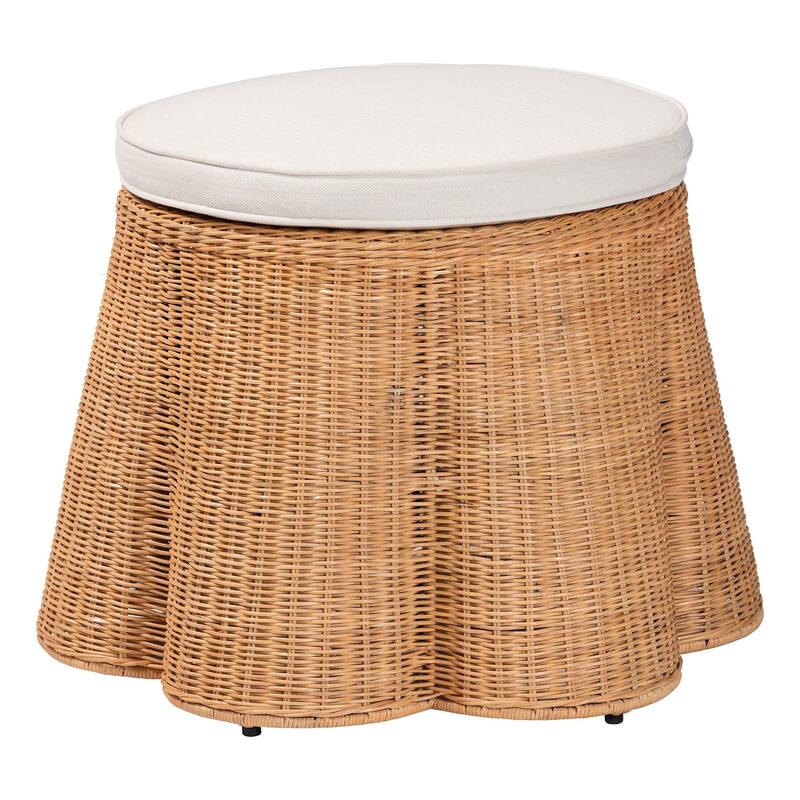 Palm Scallop Natural Rattan Ottoman with Cushion - Handwoven Wicker Stool or Footrest for Living Room or Bedroom, Coastal Boho - 26" - Light Honey