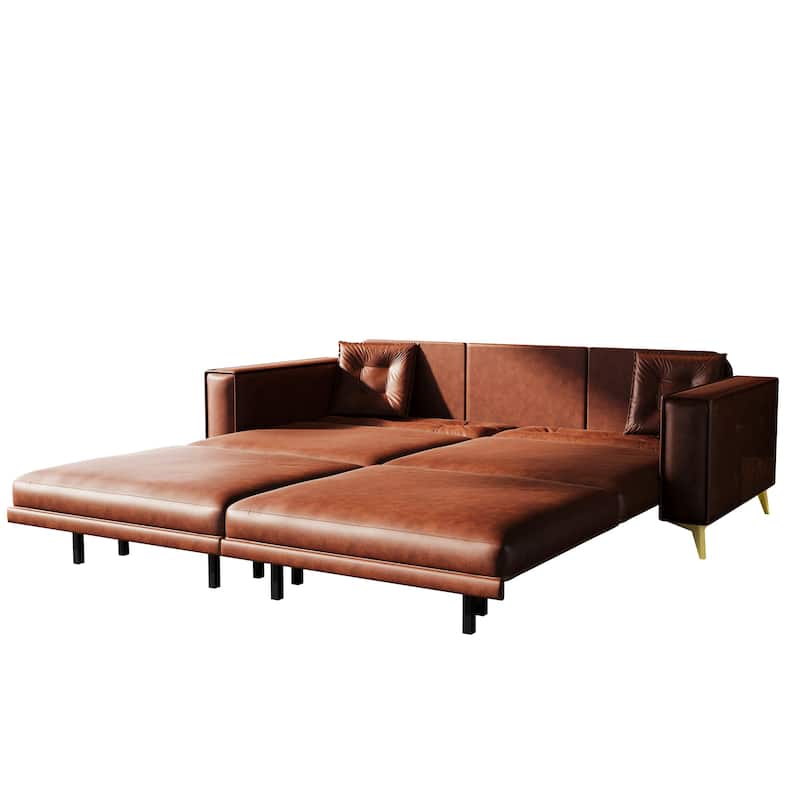 Oversized 3-in-1 Convertible Sofa Bed, 92.1" Faux Leather Square Arms Loveseat, Modern Pull-Out Sleeper Couch with Pillows